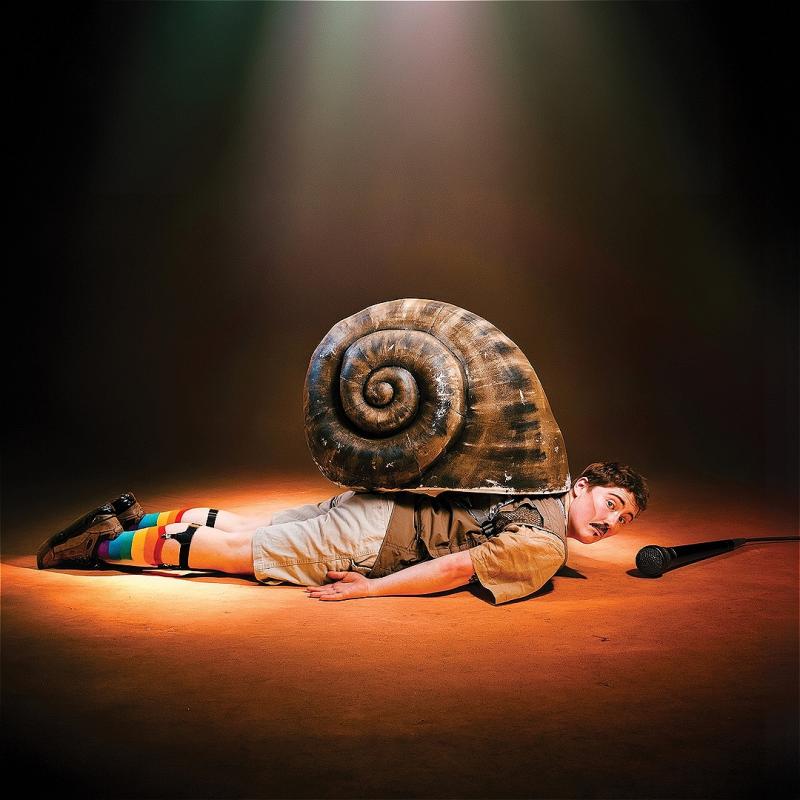 George lies on the floor under a spotlight, on their belly, with a huge snail shell on their back. they're wearing fabulous rainbow socks held up by old-fashioned sock garters to complete an otherwise beige outfit. They're looking incredulously at the camera, and a mic is on the floor beside where their head is.