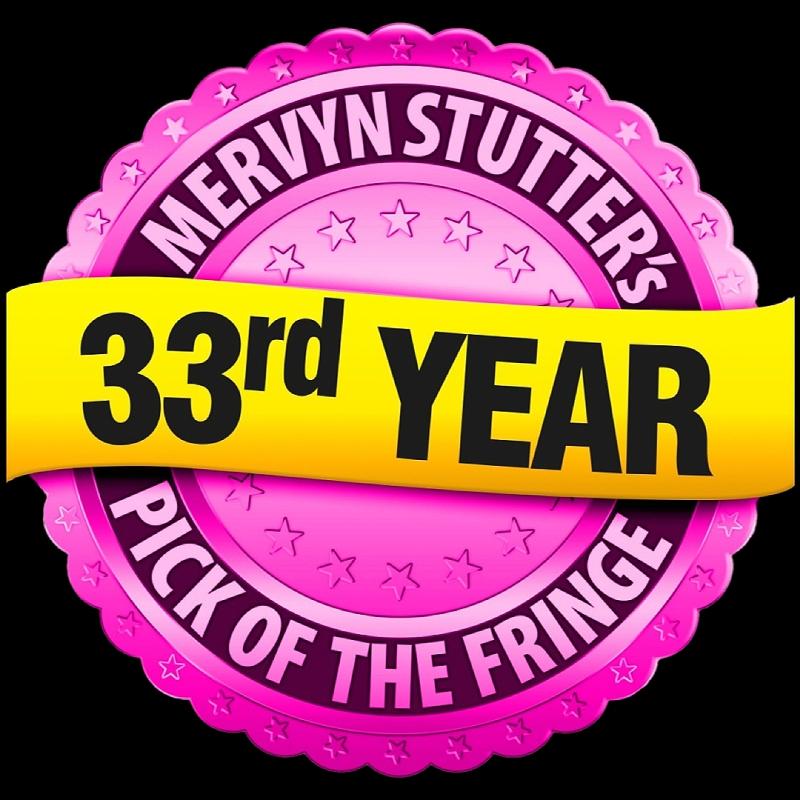 The round pink Mervyn Stutter roundel logo, with a yellow banner across it proclaiming the show's thirty third year
