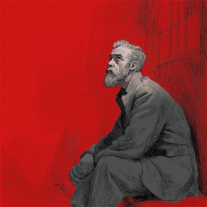 Illustration of a bearded person in shades of gray, staring up while sitting in prison. The background is red and we can see a faint suggestion of a window with bars over it.