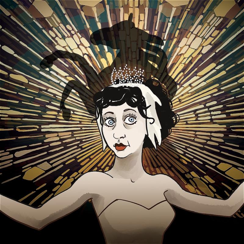 Illustration of a pale person wearing a ballerina like gown and a tiara with their hands extended. Behind their head is a shadow of a bolting horse, and a radiating golden aura.