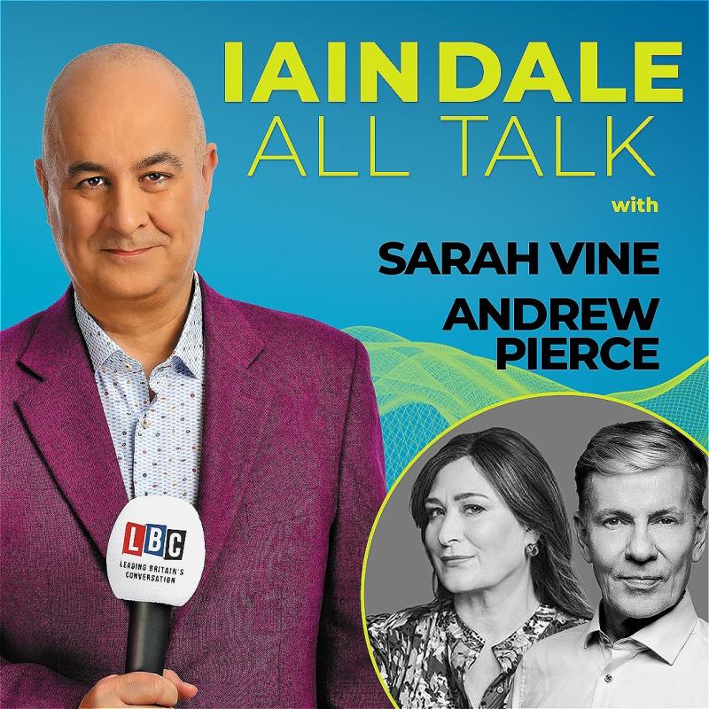 Host Iain Dale stares straight ahead with an LBC microphone wearing a purple blazer before a blue background. A black and white photo of the guests in the bottom right corner.