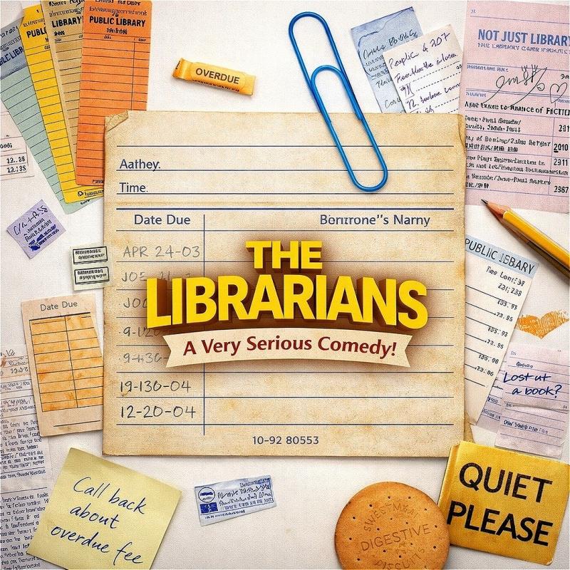 Old fashioned slips of paper and overdue fees with the show title: The Librarians: A Very Serious Comedy in the middle.