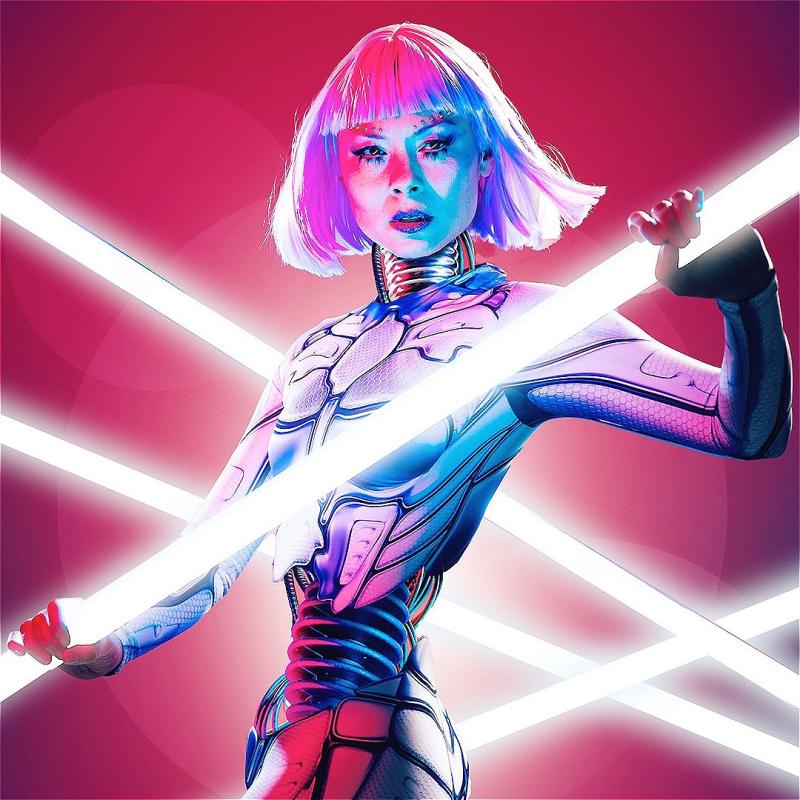 Anna's head wearing a short pink wig with a futuristic robotic body holding a LED tube.