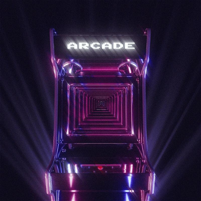 A chrome arcade machine shines against neon blue and purple lights before a black background.
