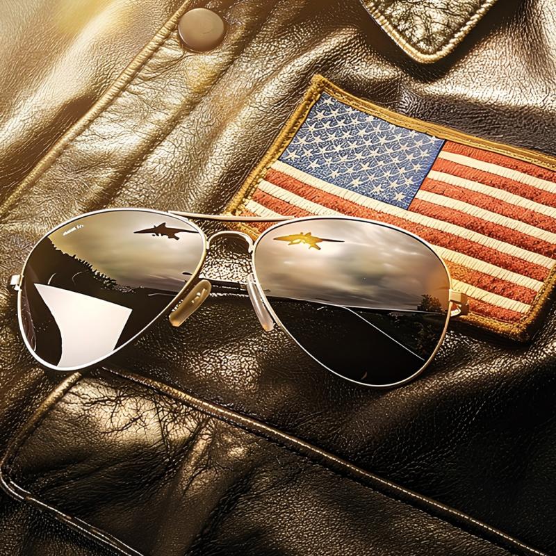 A pair of sunglasses rest on a leather aviator jacket with the American flag. Planes reflected in the lens. 