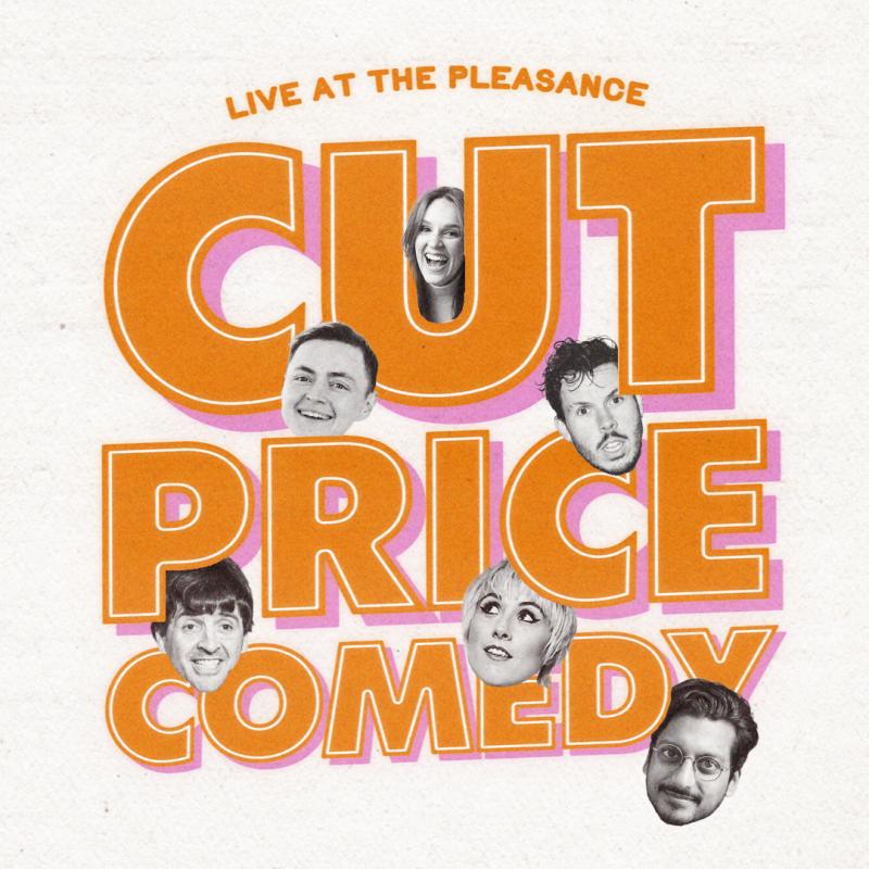 Cut Price Comedy in orange with the pictures of the line-up.