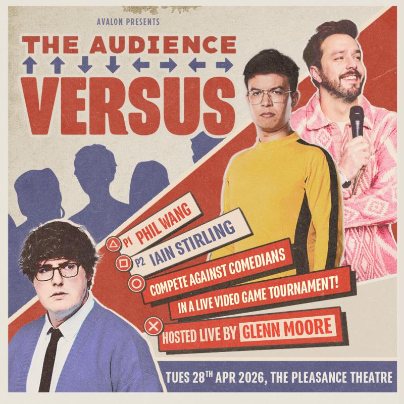 Vintage style games poster of Glenn Moore, Phil Wang and Iain Stirling