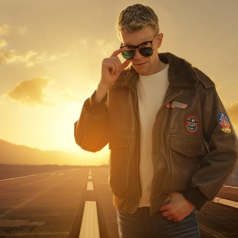 Man in aviator sunglasses and leather jacket stands on a runway at sunset, exuding confidence. The jacket has aviation-themed patches.