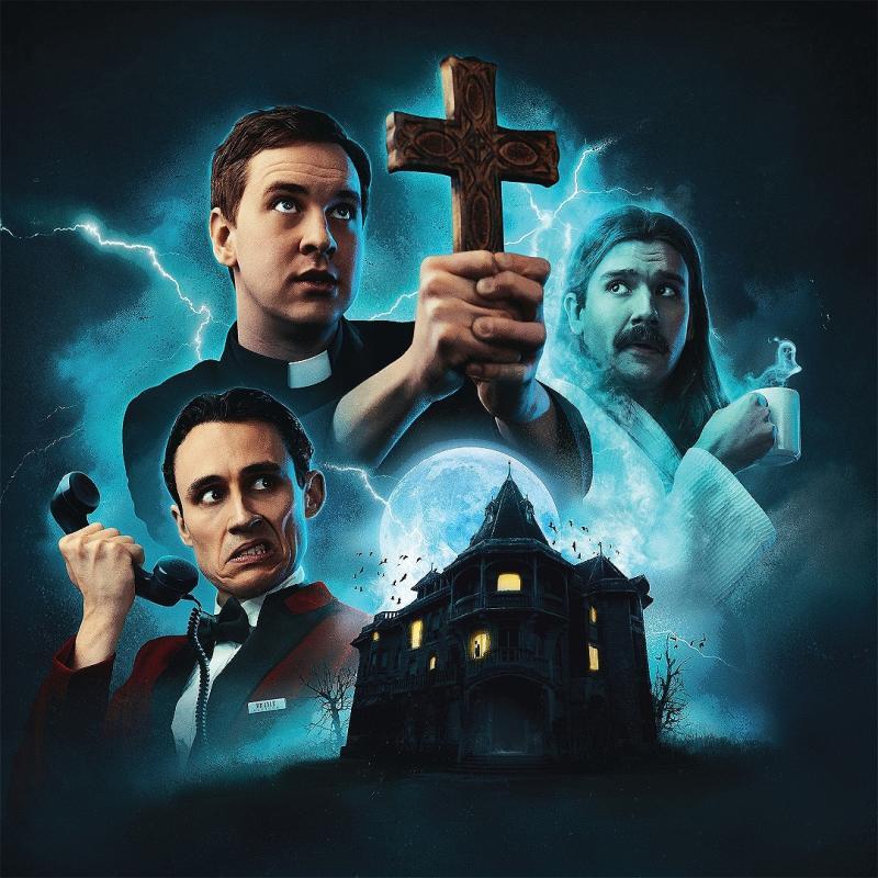 Three people are clustered around a haunted house in the background: a priest brandishing a cross, an old-school suited hotel receptionist holding up a phone with a look of disgust, and a ghost holding up a steaming cup of tea and looking a bit confused. It's giving spooky under the full moon.