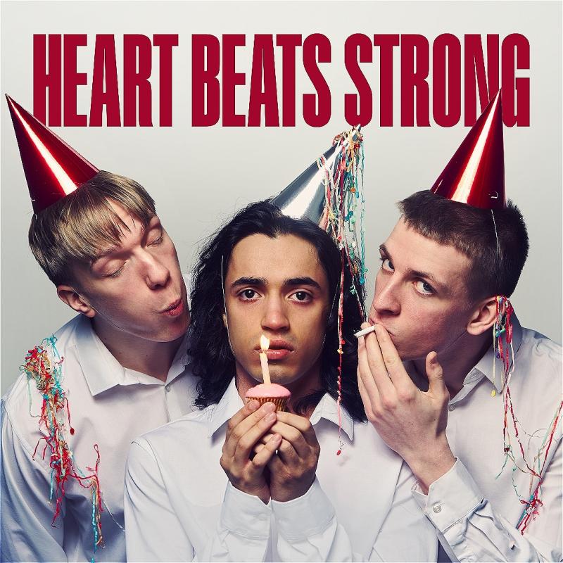 A person wearing a silver party hat holds a cupcake with a lit candle in it. Two people stand on either side of them, also wearing party hats. The person on the left is trying to blow the candle out and the person on the right is trying to light a cigarette in the flame. They are all wearing white shirts. The title of the show is in big red letters above the people. 