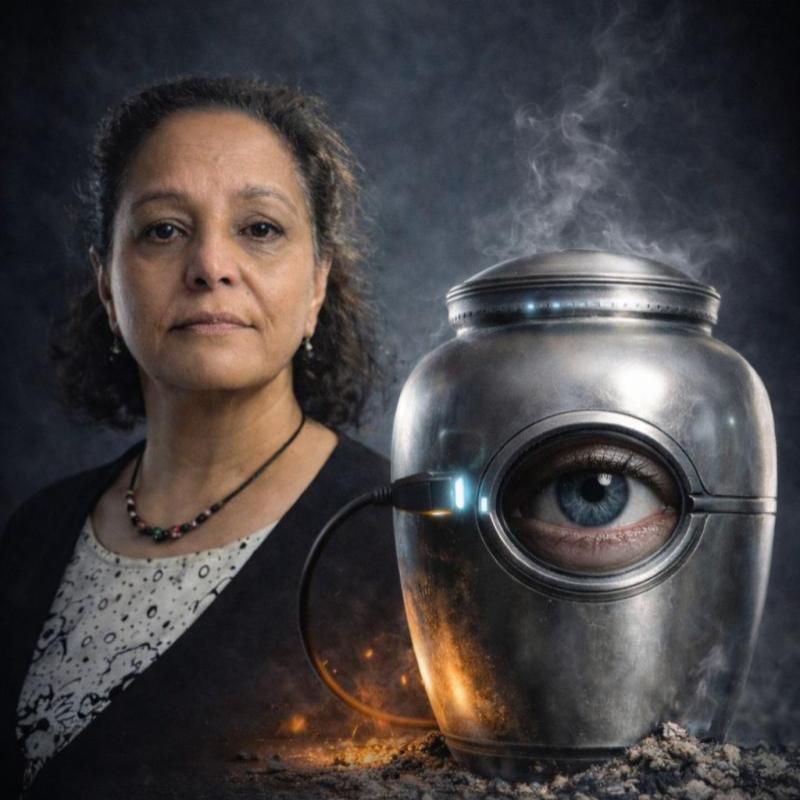 Lubna looks forward against a dark background. Further forward sits an urn with a hole in it showing an eye peering through. The urn is plugged in and smoke is emanating from it. 