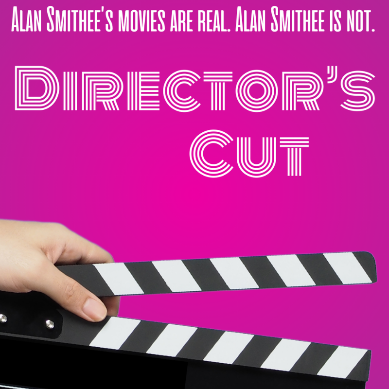 A hand reaches in from off screen, holding a film slate, against a bright pink background. At the top the image is the title, 'Director's Cut' with the tag line 'Alan Smithee's movies are real. Alan Smithee is not'.
