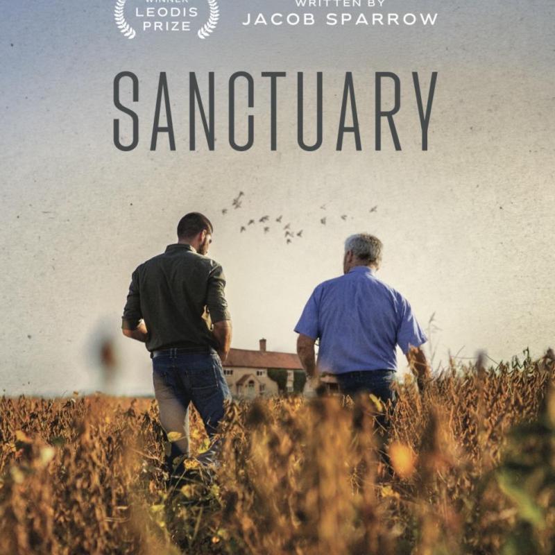 Two men stand in a corn field with their backs facing the camera. The title, 'Sanctuary', is at the top of the image