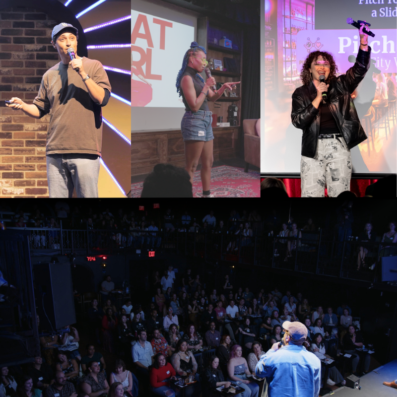 A collage of different people on stage holding microphones pitching to an audience.