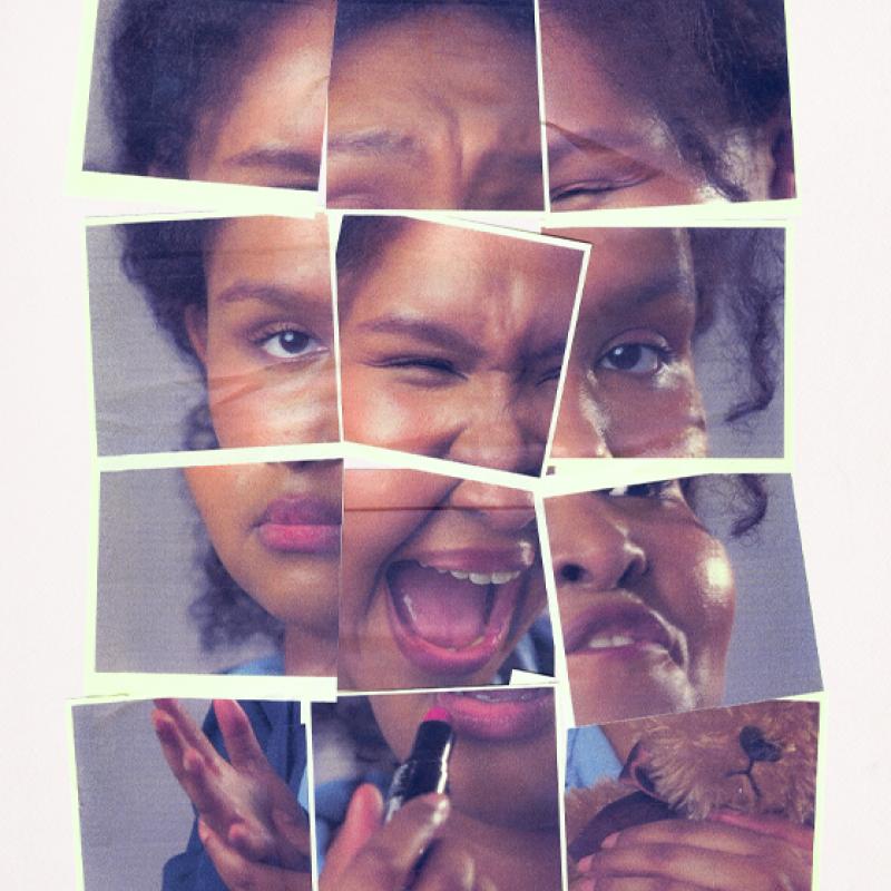 A collage of images showing portions of a black woman's face, looking in distress 