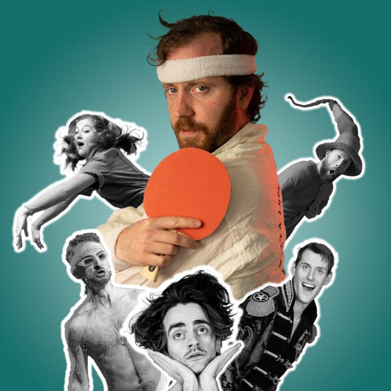 Don, holding a ping pong paddle, stands side on and looks over his shoulder towards the camera. 