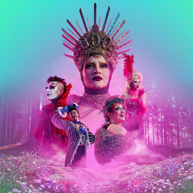 The five cast members of Acid's Reign in a pink haze with a flowery meadow and forest in the background.