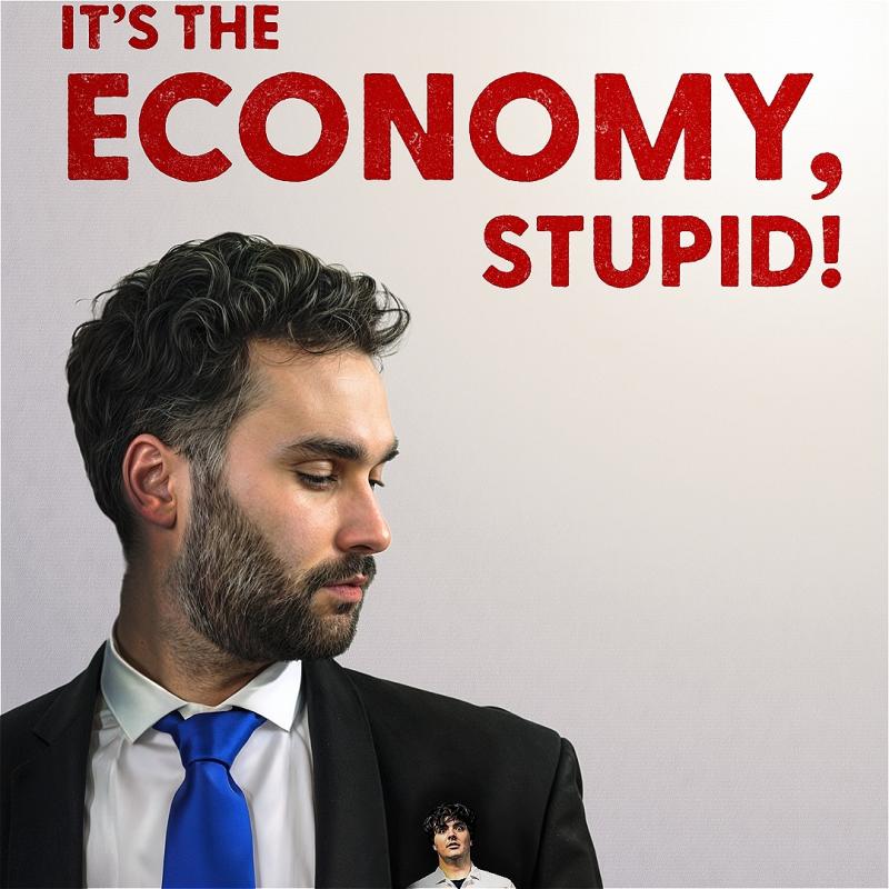 The performer in a suit and tie with another performer in his pocket. The title in red text above.