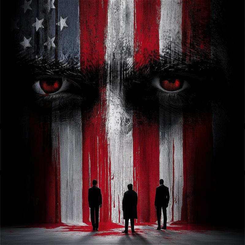 A background with the American flag, with red eyes staring through, and three shadowy figures below. 