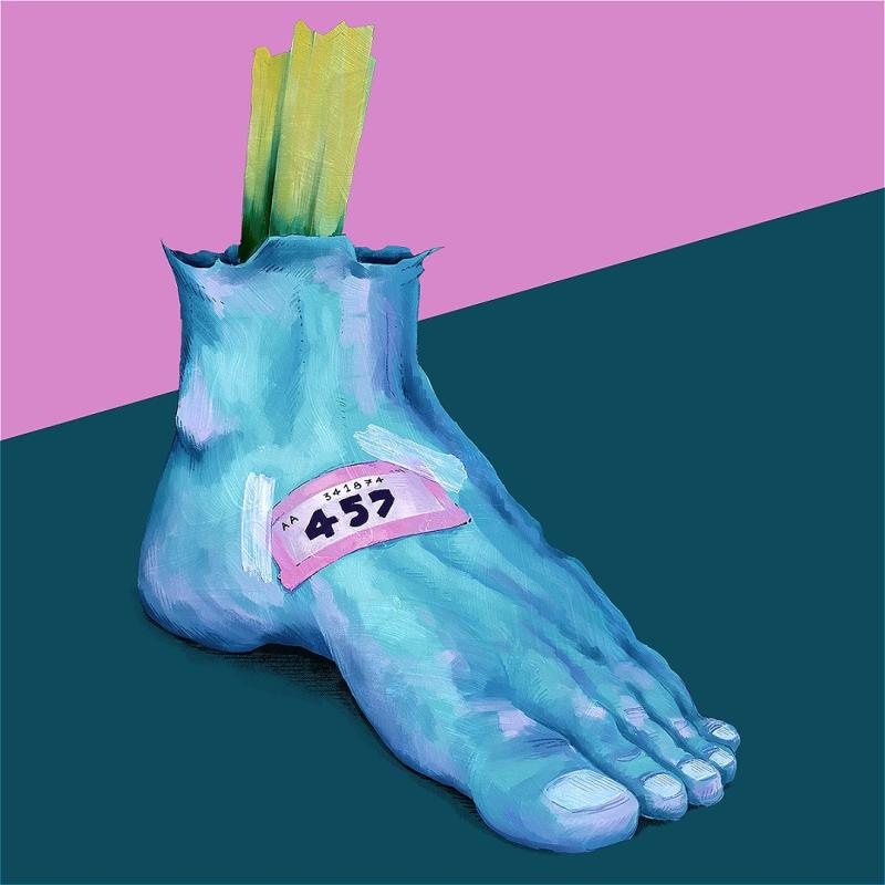 A painting of a blue amputated foot with a tombola ticket taped on it. 