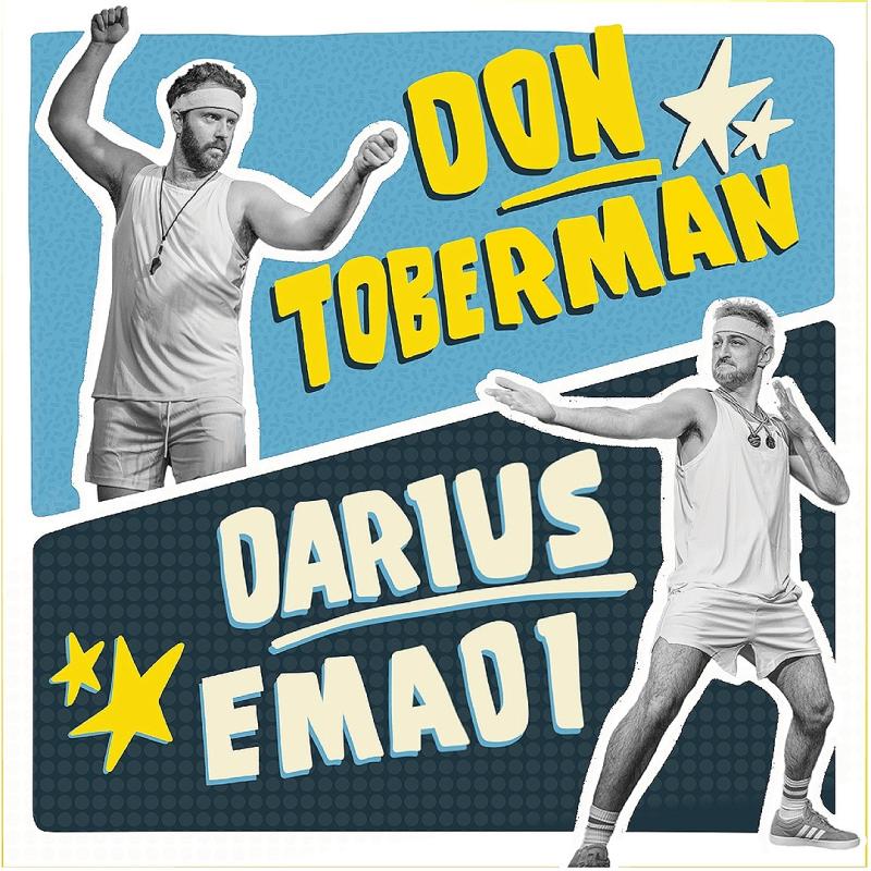 Two men in sports vest, shorts and white headbands appear to be jousting at each other.