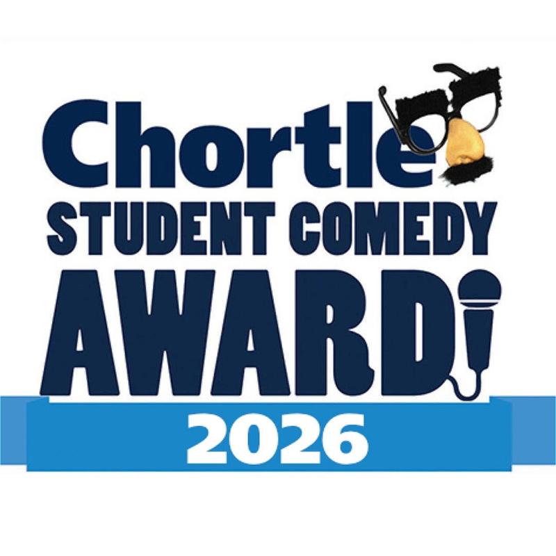 The name of the show "Chortle Student Comedy Award 2026" is written in dark blue letters over a white background. There is a fake glasses and nose in the top right corner and a microphone connected to the letter D of the word "award".