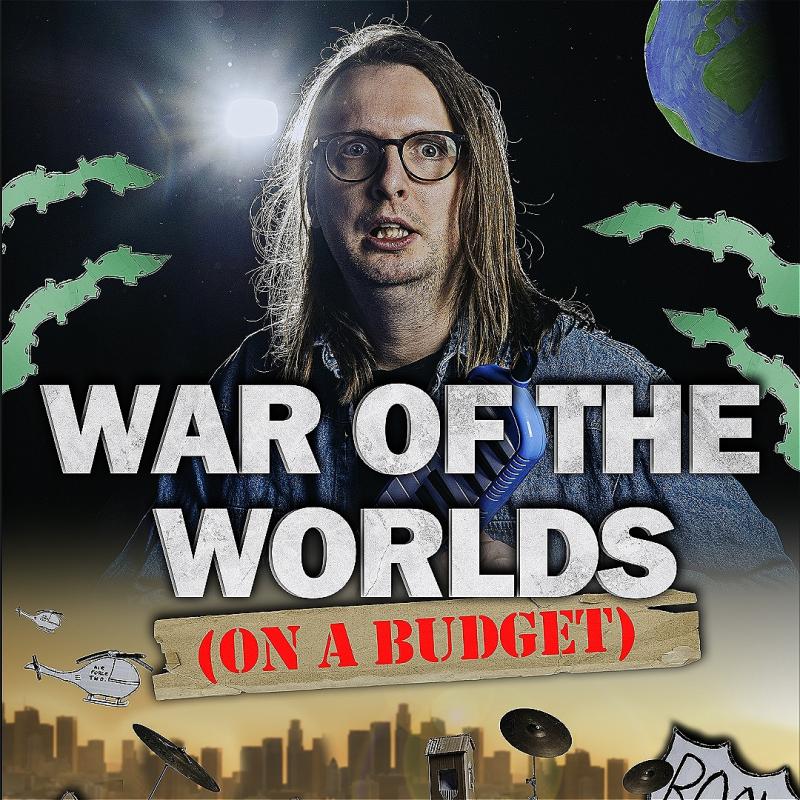 A low budget looking poster featuring a man with a wide-eyed, frightened expression front and centre. Around him are cartoon illustrations of small helicopters and houses, as well as a comic-book-style BOOM! explosion graphic. The title is splashed across the front in large lettering.
