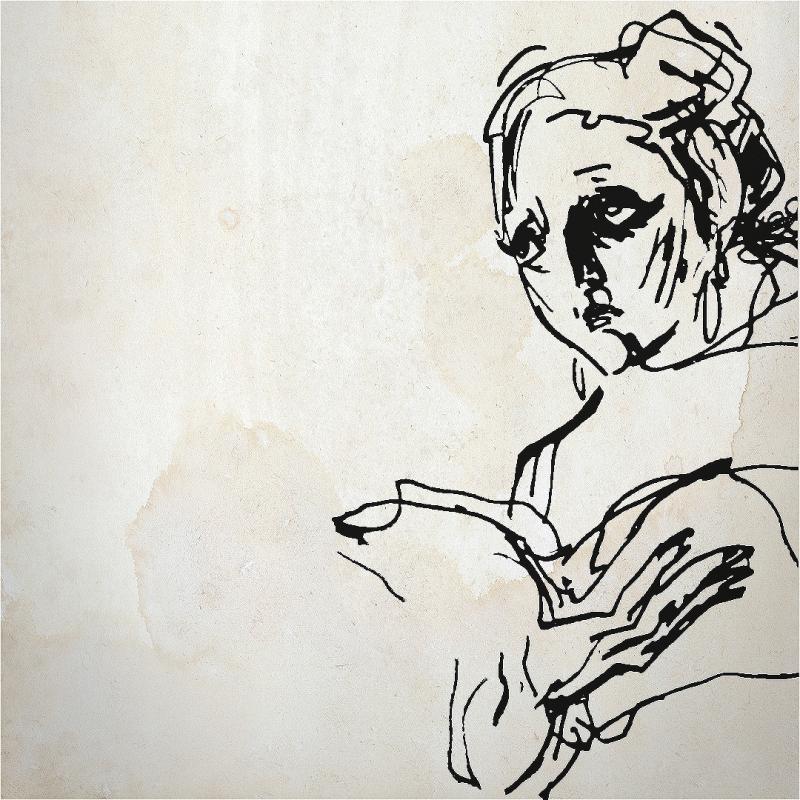 A simple sketch of a woman gazing into the distance with a somber expression. She is holding an open book but she is not reading it.