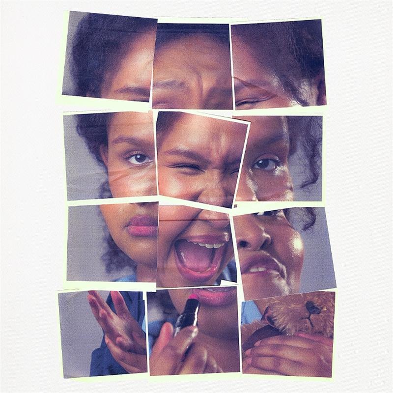 The performer Maryam Garad, a Black woman with black afro hair and dark pink lipstick, has her face divided in twelve small picture squares, each of them featuring a different facial expression. In the lower right corner square is her hand holding a teddy bear.