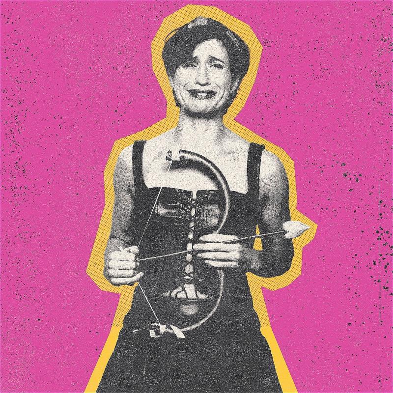 A scrapbook style image of an individual dressed in leather holding a heart shaped bow and arrow. They appear to be crying as they stare directly at the camera. The pink and orange backdrop is layered in texture.