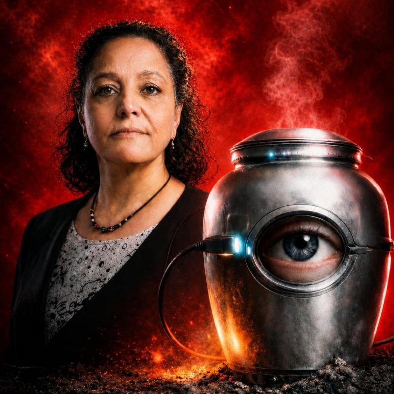 Lubna looks forward against a dark background. Further forward sits an urn with a hole in it showing an eye peering through. The urn is plugged in and smoke is emanating from it. 