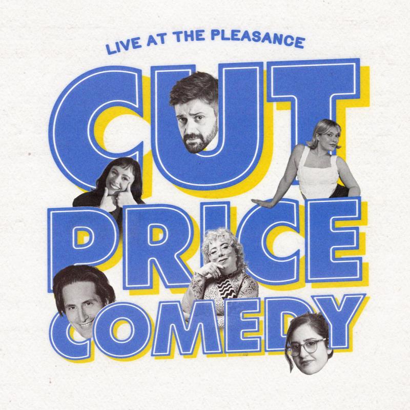 Cut Price Comedy in blue text with the performers heads dotted around