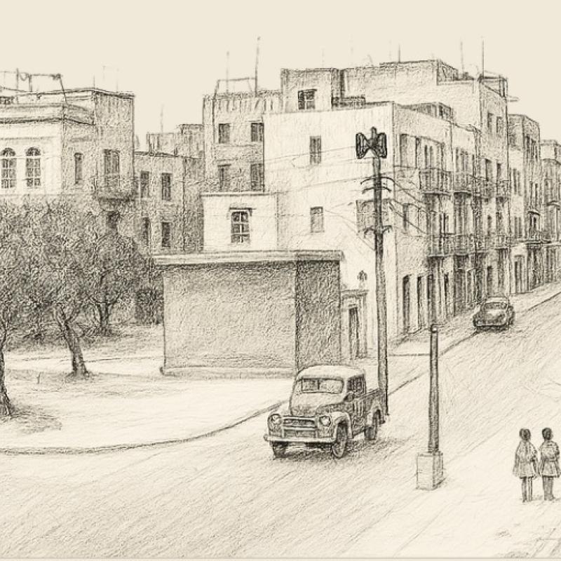 A black and white pencil sketch of an urban street. Vintage cars drive along the road and a few pedestrians can be seen strolling by.