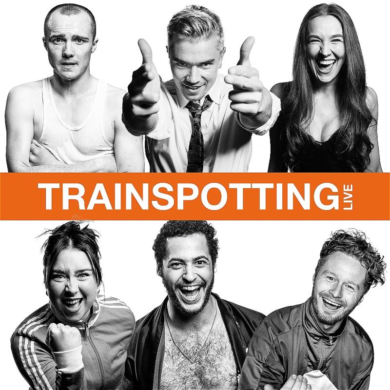 Composite image of Trainspotting performers with the show title across the middle.