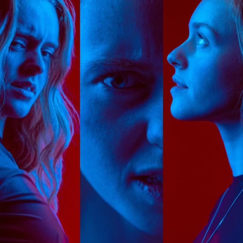 The image is divided into three sections. Each section features an individual, engulfed in blue light, staring intensely. There is bold red background which greatly contrasts with the blue light.