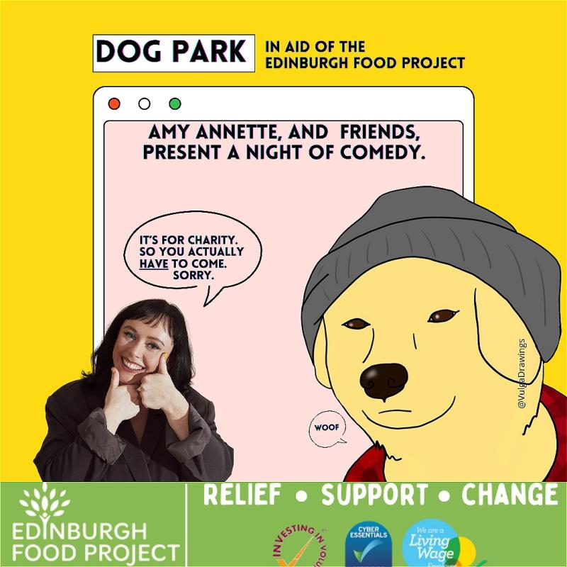 A drawing of a dog in a grey beanie is in front of a drawing of a tablet showing the show title. There is a picture of Amy, doing two thumbs up, with a speech bubble saying 'It's for charity so you actually have to come, sorry' 