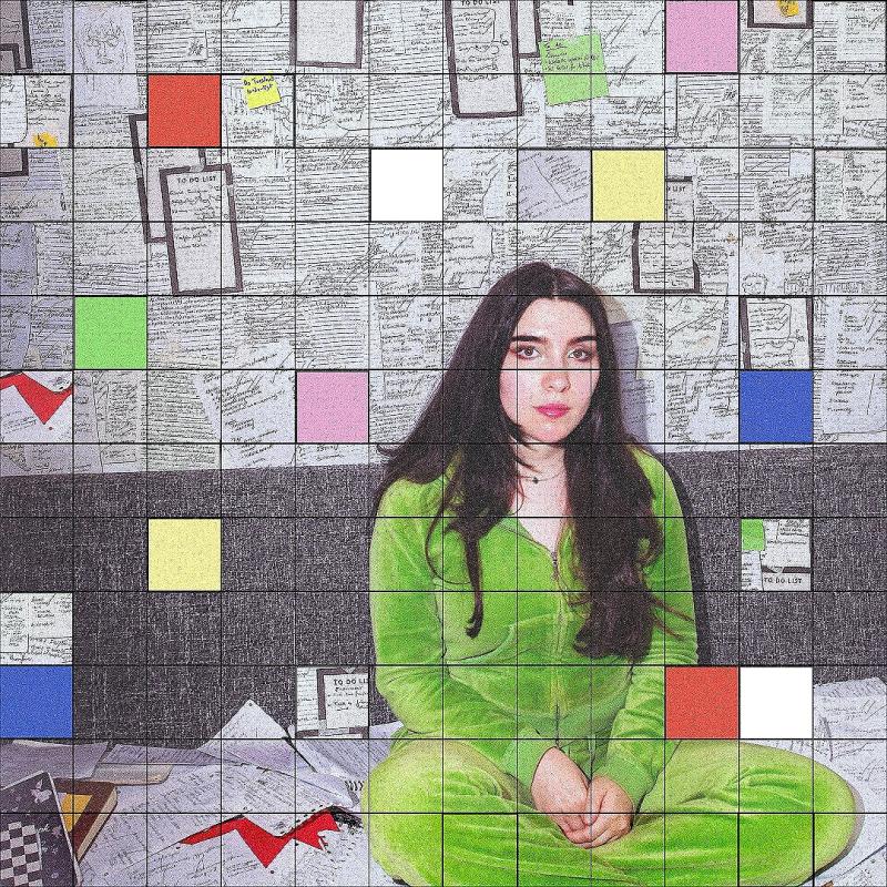 Performer in a green velour tracksuit sitting on the floor. Writing covers the walls behind her and a grid effect is over the camera. 