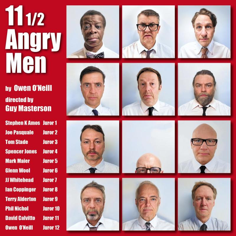 11 headshot type photos of the cast in suit and ties. One member of the cast is at the forefront of these headshots with only half their face visible.