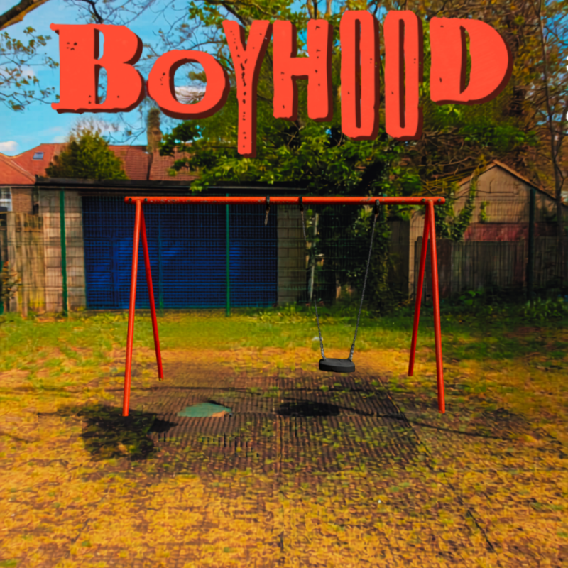 An abandoned swing set with only one swing attached is at the centre of the image. It is daytime in what looks to be someone's back yard. The show's title is written in bold red writing.