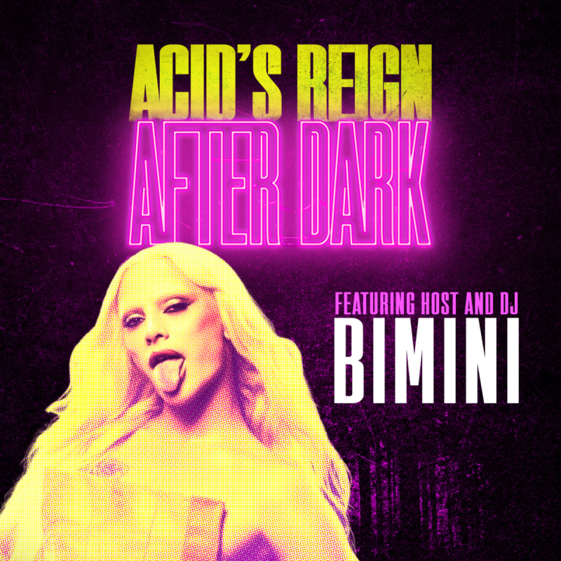 Thermal poster in purple and yellow featuring host and DJ Bimini.