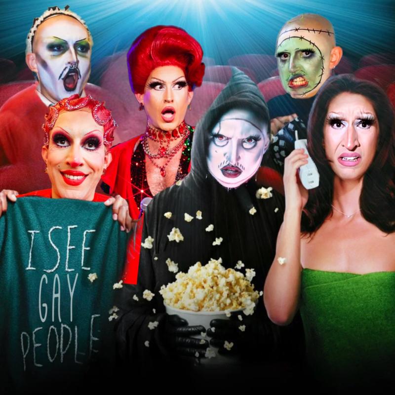 The performers in different as various horror movie characters sit in a movie theatre