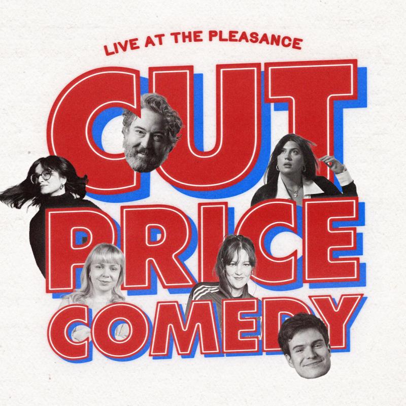 Cut Price Comedy in red text with the comedians heads floating around.