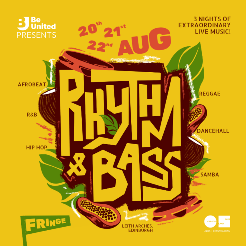 The text 'Rhythm & Bass' in funky yellow type with event information displayed around it. 