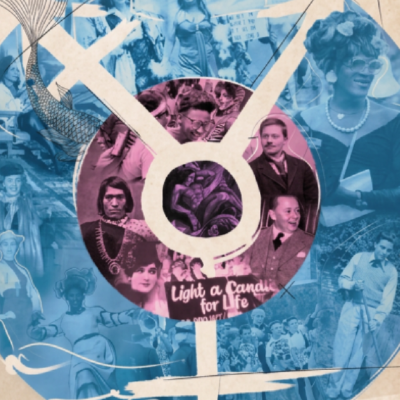 A blue coloured vinyl with a pink inner circle, with images of queer people in history appearing through the colours. 