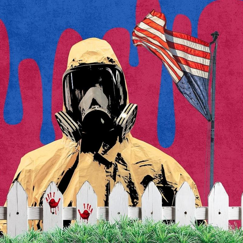 A person wearing a hazmat suit stands in front of a white picket fence with bloody handprints, behind them an upside down American flag on a pole as blue paint drips down a pink background.