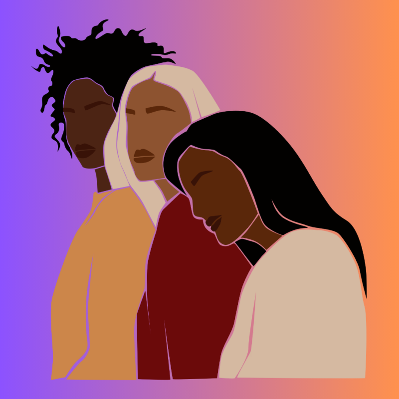 A pop art image of three women leaning on the next one's shoulder. Set against a purple and orange backdrop