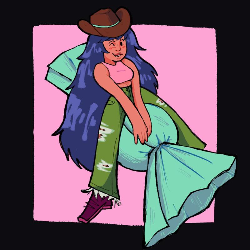 A cartoon drawing of a person with long purple hair and a cowboy hat, riding an oversized wrapped sweet.