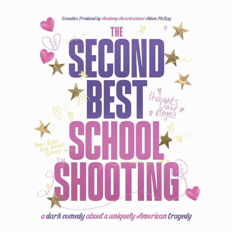 The title 'The Second Best School Shooting' with stars, hearts and doodles