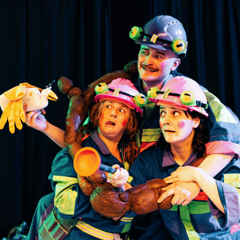 3 performers dressed as frogs in brightly coloured boiler suits. They are squashed inside the "hoopsen poopsen" a hoolahoop covered in fake poo. One is holding a plunger. They are all looking in fear at a puppet duck made out of a cleaning bottle and rubber gloves.