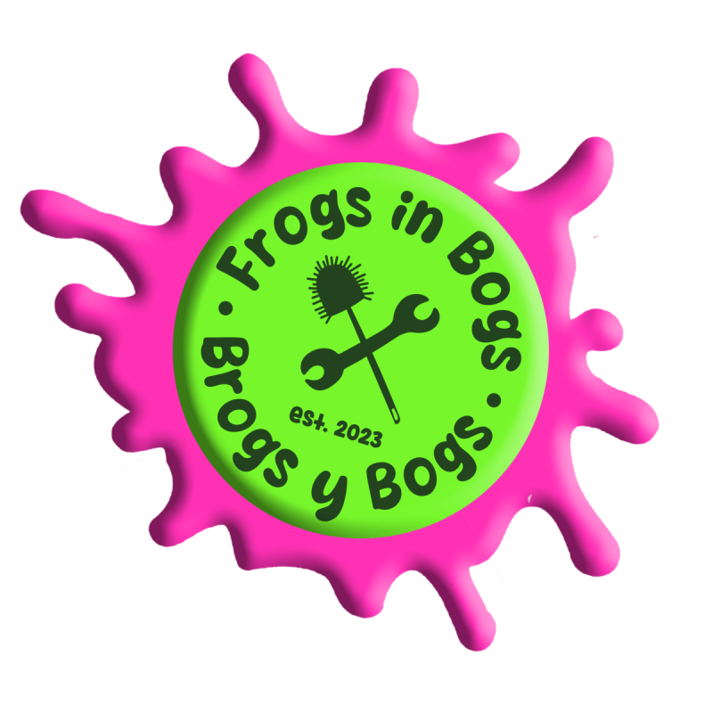 A Frogs in bogs logo with the words frogs in bogs, brogs y bogs around the outside of a green circle with a crossed plunger and loo brush in the middle. The logo is on top of a splat of bright pink gunge